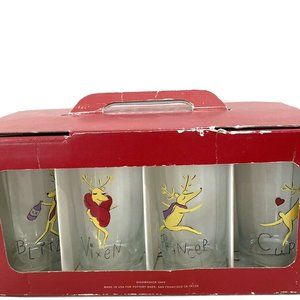 POTTERY BARN 2003 DISCONTINUED 8 REINDEER DRINK JUICE GLASSES OPEN BOX Christmas